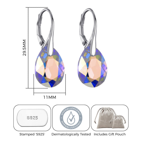 Sterling Silver Aurora Borealis Drop Earrings Created with Zircondia® Crystals - Philip Jones Jewellery