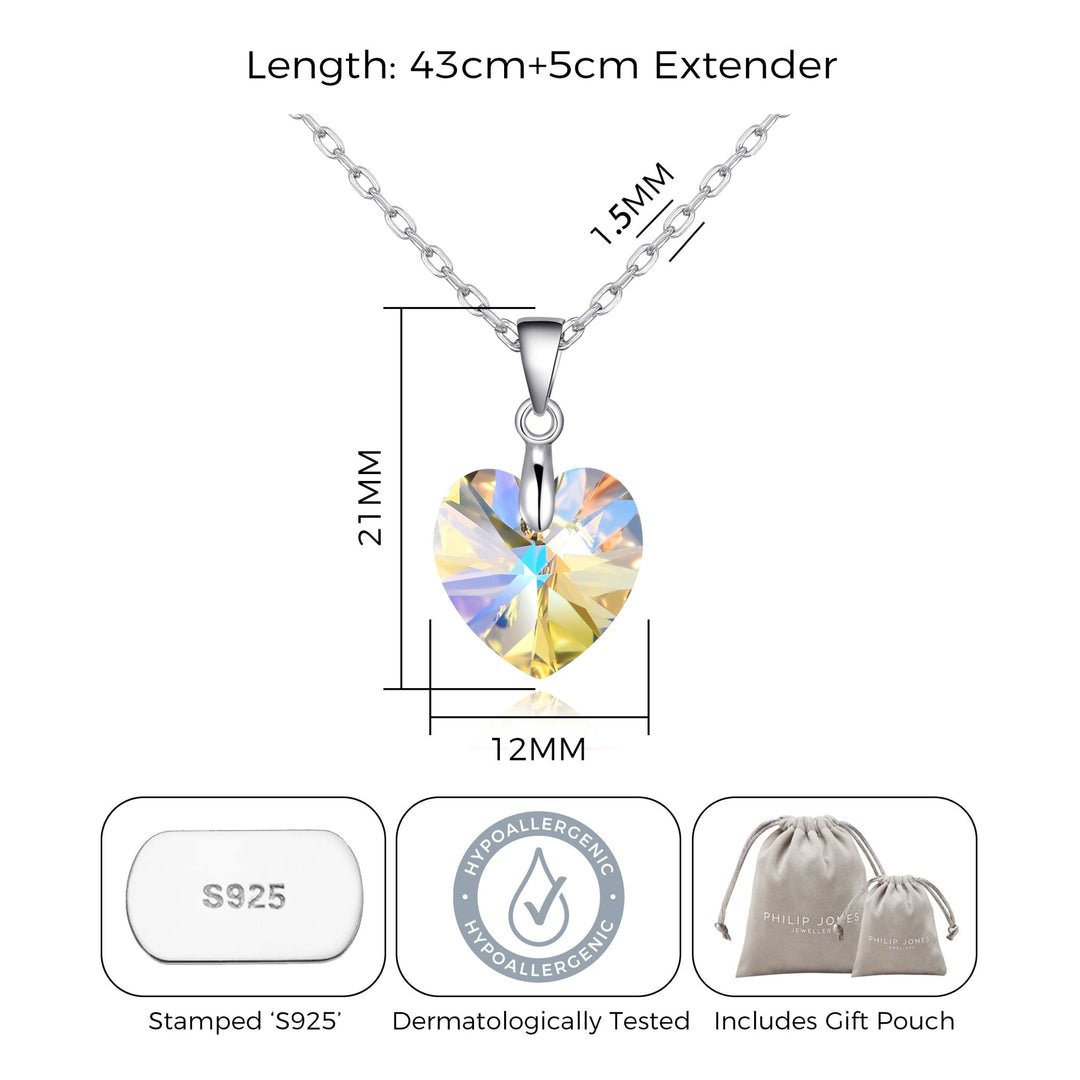 Sterling Silver Aurora Borealis Heart Necklace Created with Zircondia® Crystals - Philip Jones Jewellery