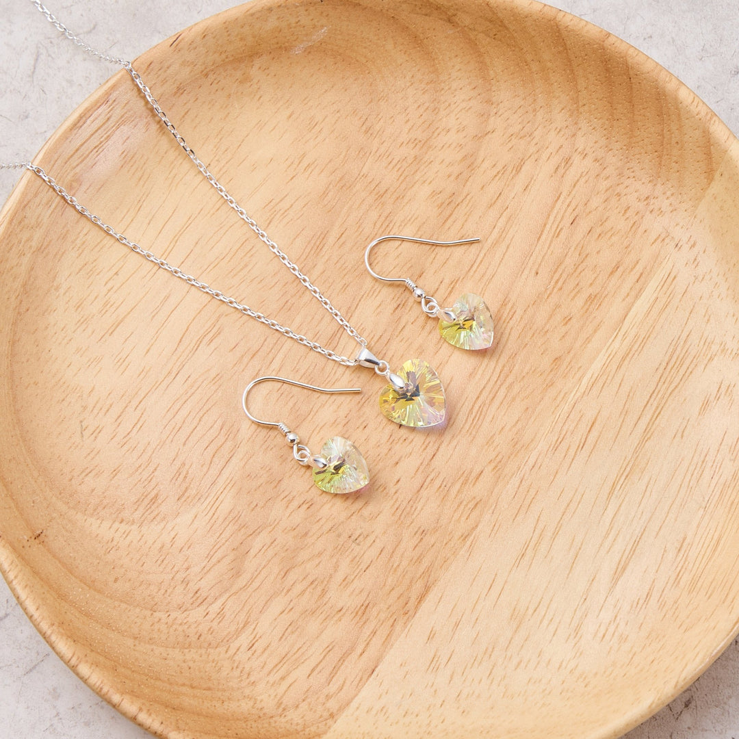 Sterling Silver Aurora Borealis Heart Set Created with Zircondia® Crystals - Philip Jones Jewellery