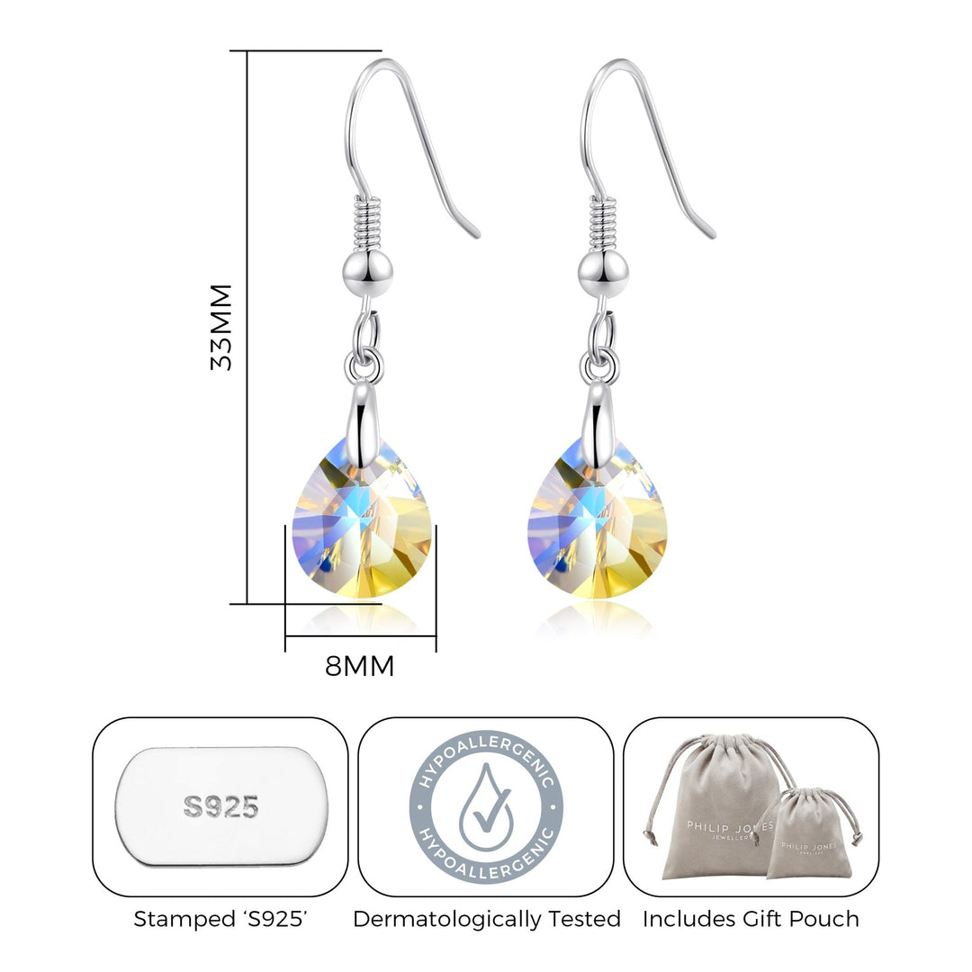 Sterling Silver Aurora Borealis Pear Earrings Created with Zircondia® Crystals - Philip Jones Jewellery