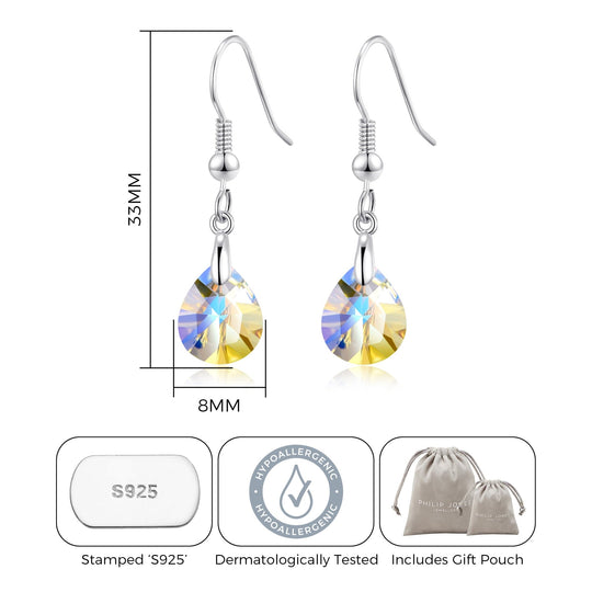 Sterling Silver Aurora Borealis Pear Earrings Created with Zircondia® Crystals - Philip Jones Jewellery