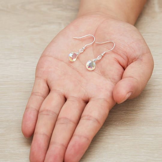Sterling Silver Aurora Borealis Pear Earrings Created with Zircondia® Crystals - Philip Jones Jewellery