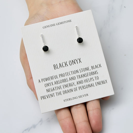 Sterling Silver Black Onyx Gemstone Drop Earrings with Quote Card - Philip Jones Jewellery