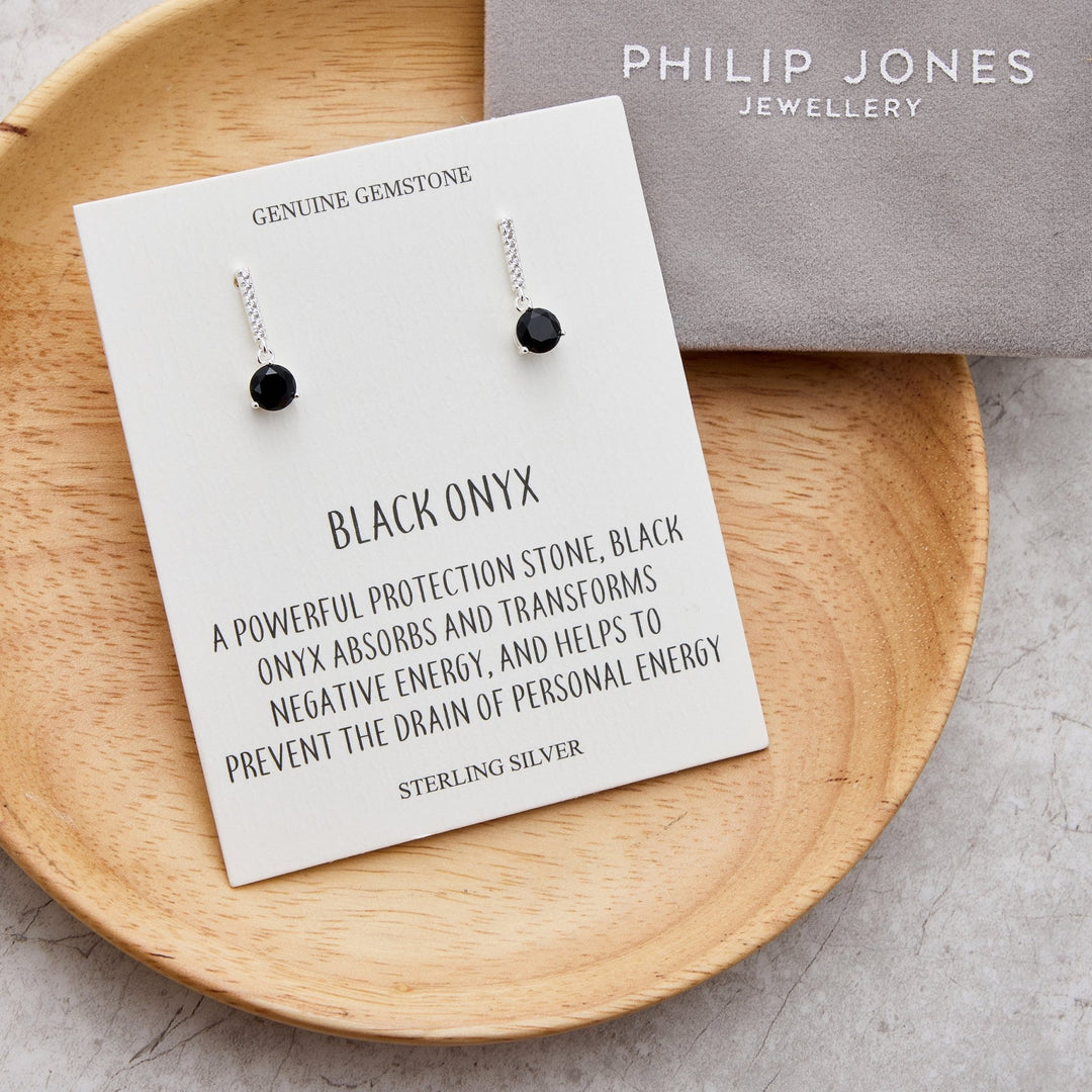 Sterling Silver Black Onyx Gemstone Drop Earrings with Quote Card - Philip Jones Jewellery
