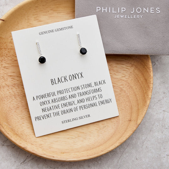 Sterling Silver Black Onyx Gemstone Drop Earrings with Quote Card - Philip Jones Jewellery