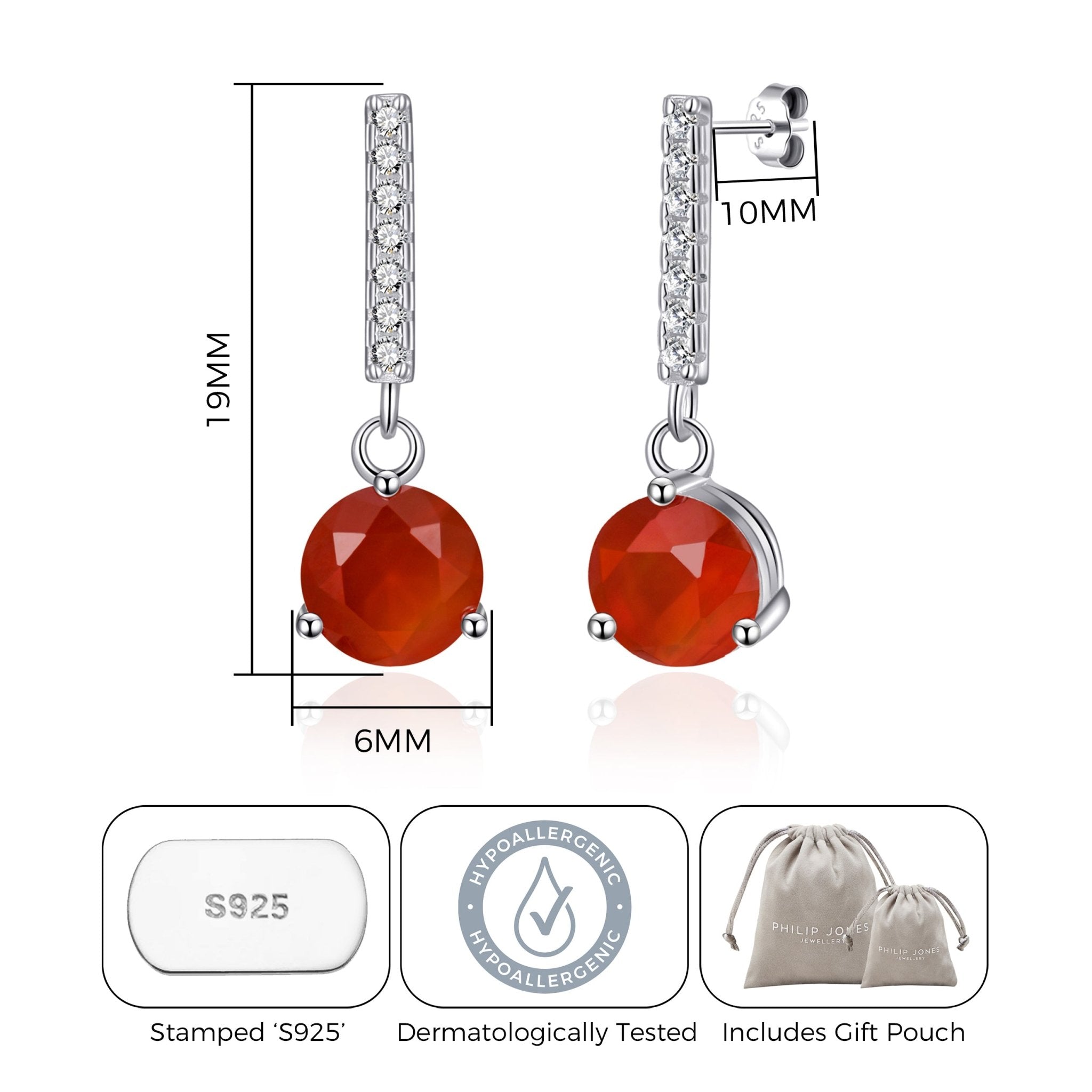 Sterling Silver Carnelian Gemstone Drop Earrings - Philip Jones Jewellery