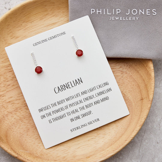 Sterling Silver Carnelian Gemstone Drop Earrings with Quote Card - Philip Jones Jewellery
