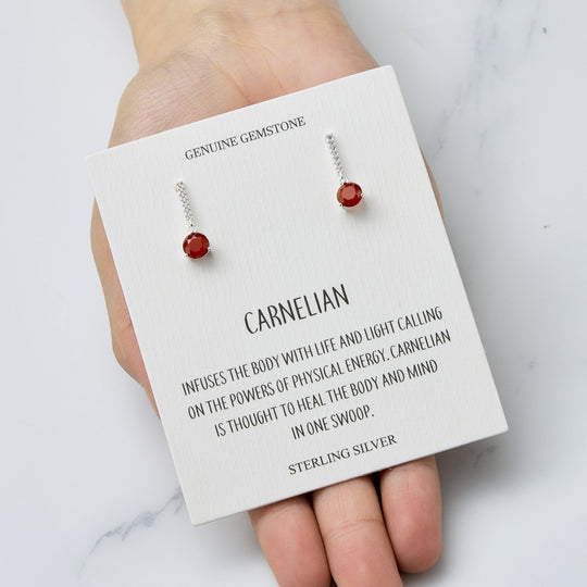 Sterling Silver Carnelian Gemstone Drop Earrings with Quote Card - Philip Jones Jewellery