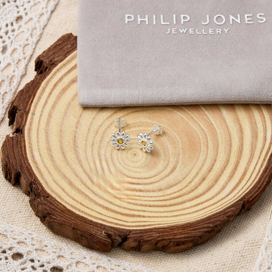 Sterling Silver Daisy Earrings Created with Zircondia® Crystals - Philip Jones Jewellery