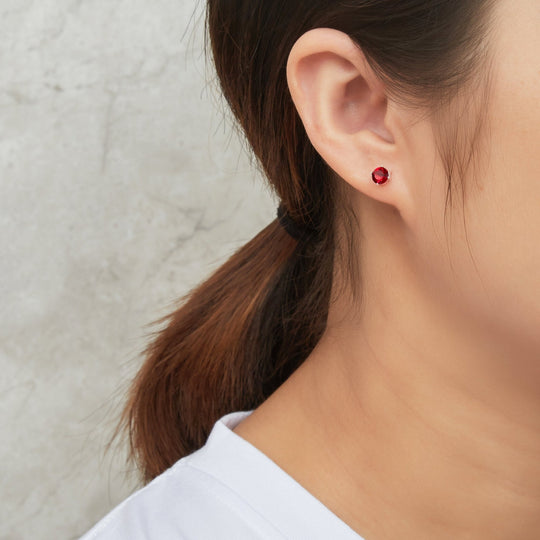Sterling Silver Dark Red Earrings Created with Zircondia® Crystals - Philip Jones Jewellery