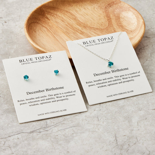 Sterling Silver December (Blue Topaz) Birthstone Necklace & Earrings Set Created with Zircondia® Crystals - Philip Jones Jewellery