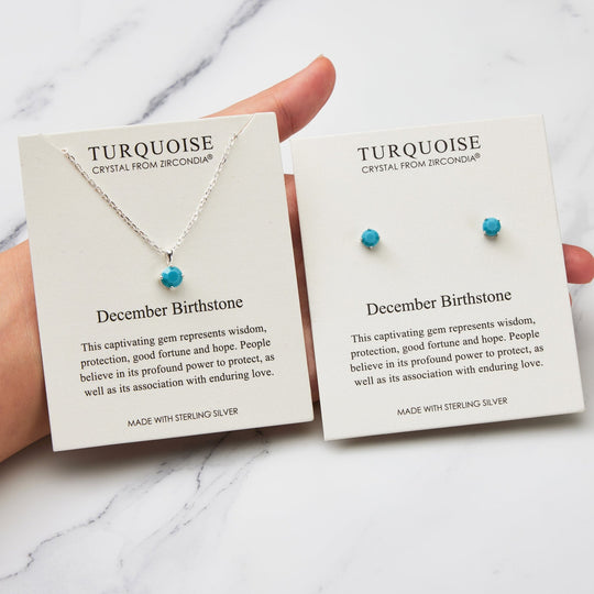 Sterling Silver December (Turquoise) Birthstone Necklace & Earrings Set Created with Zircondia® Crystals - Philip Jones Jewellery
