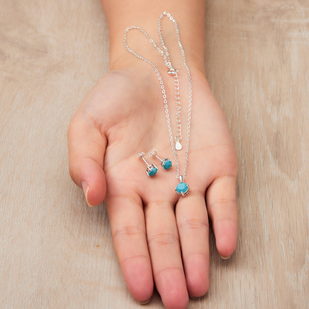 Sterling Silver December (Turquoise) Birthstone Necklace & Earrings Set Created with Zircondia® Crystals - Philip Jones Jewellery