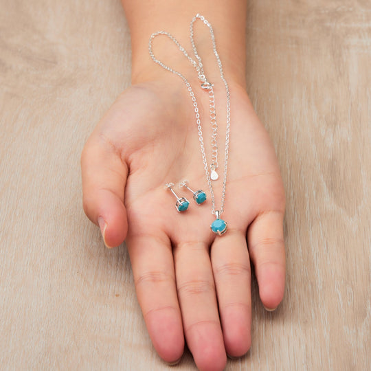 Sterling Silver December (Turquoise) Birthstone Necklace & Earrings Set Created with Zircondia® Crystals - Philip Jones Jewellery