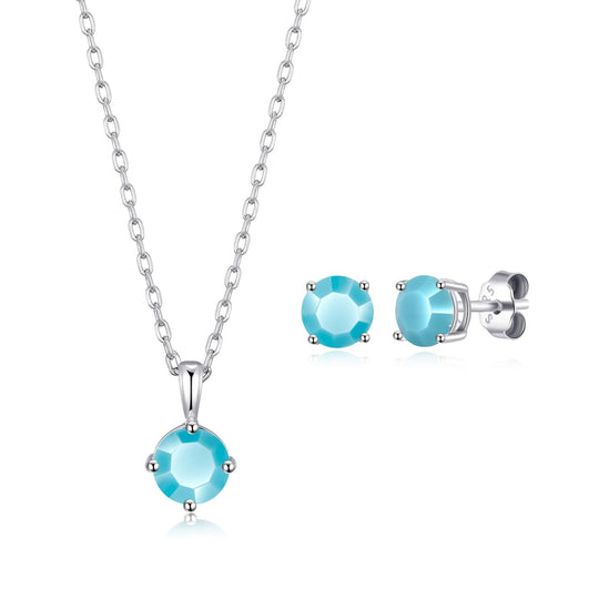 Sterling Silver December (Turquoise) Birthstone Necklace & Earrings Set Created with Zircondia® Crystals - Philip Jones Jewellery