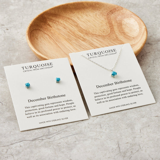 Sterling Silver December (Turquoise) Birthstone Necklace & Earrings Set Created with Zircondia® Crystals - Philip Jones Jewellery