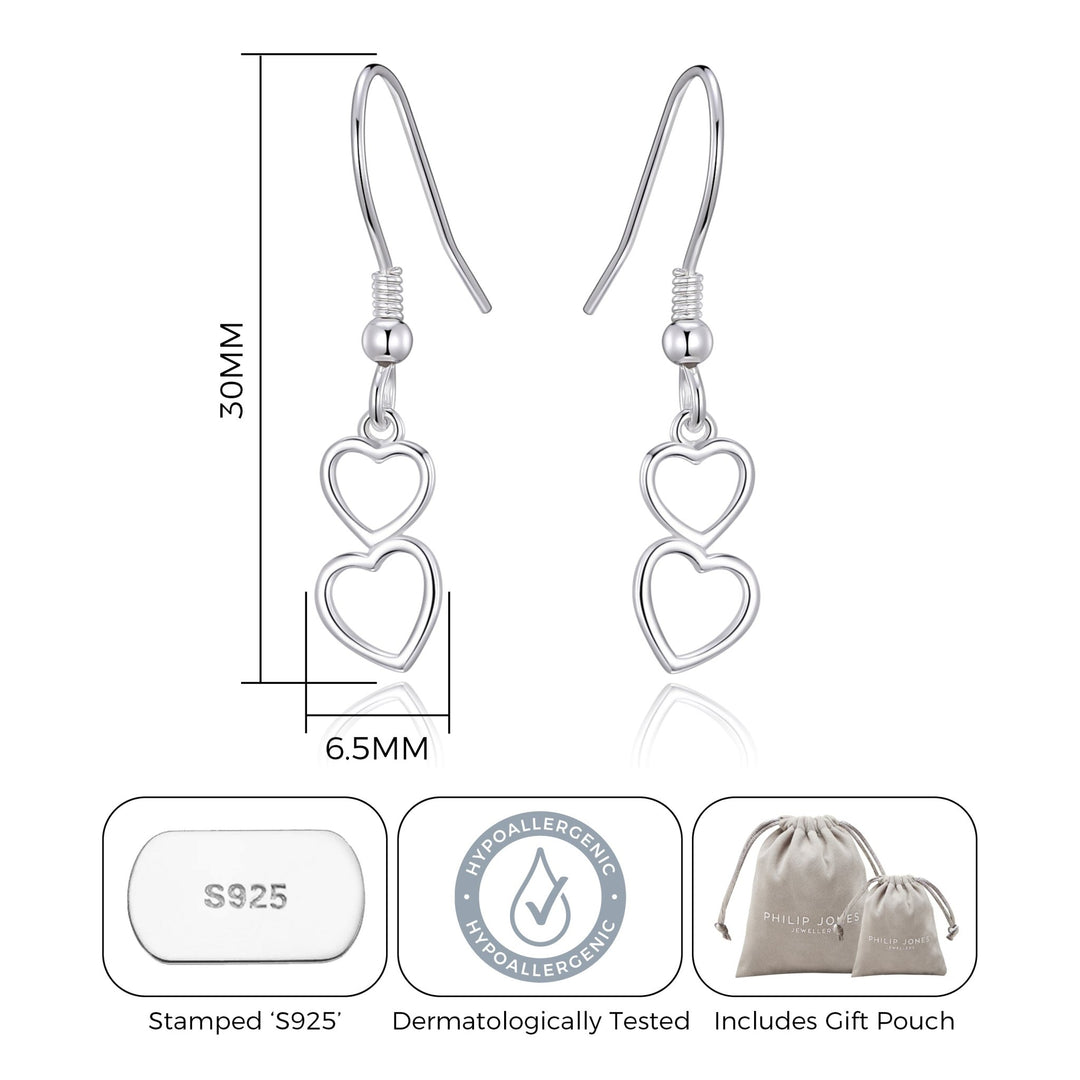Sterling Silver Double Heart Drop Earrings - Philip Jones Jewellery