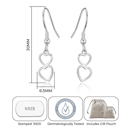 Sterling Silver Double Heart Drop Earrings - Philip Jones Jewellery
