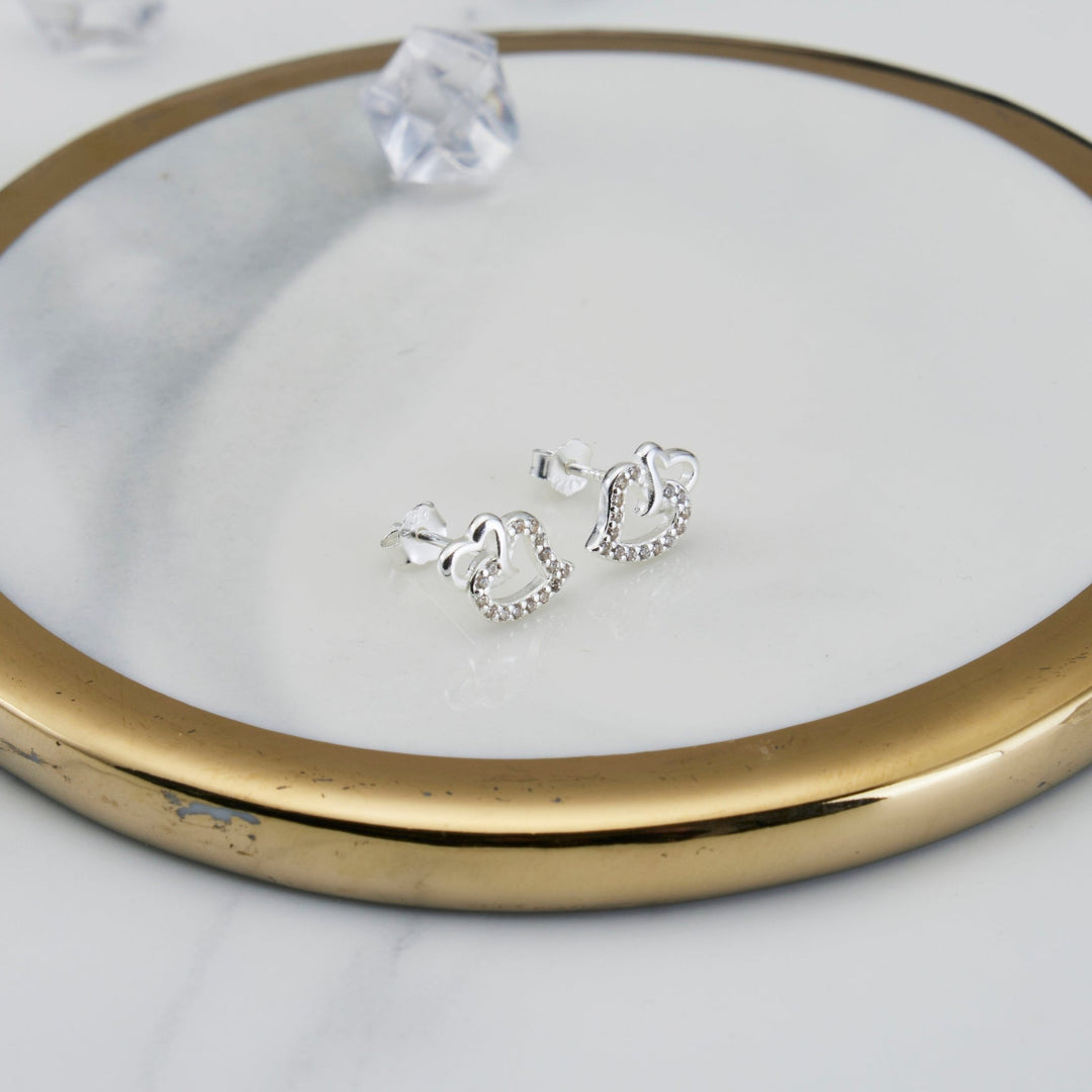 Sterling Silver Double Heart Earrings Created with Zircondia® Crystals - Philip Jones Jewellery