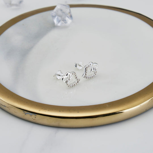 Sterling Silver Double Heart Earrings Created with Zircondia® Crystals - Philip Jones Jewellery
