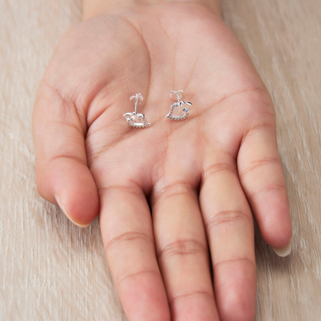 Sterling Silver Double Heart Earrings Created with Zircondia® Crystals - Philip Jones Jewellery