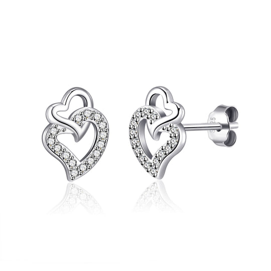 Sterling Silver Double Heart Earrings Created with Zircondia® Crystals - Philip Jones Jewellery