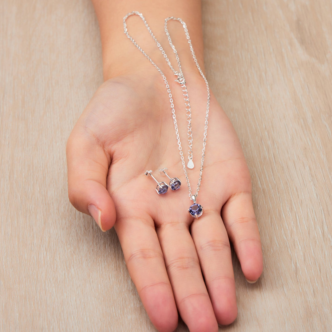 Sterling Silver February (Amethyst) Birthstone Necklace & Earrings Set Created with Zircondia® Crystals - Philip Jones Jewellery