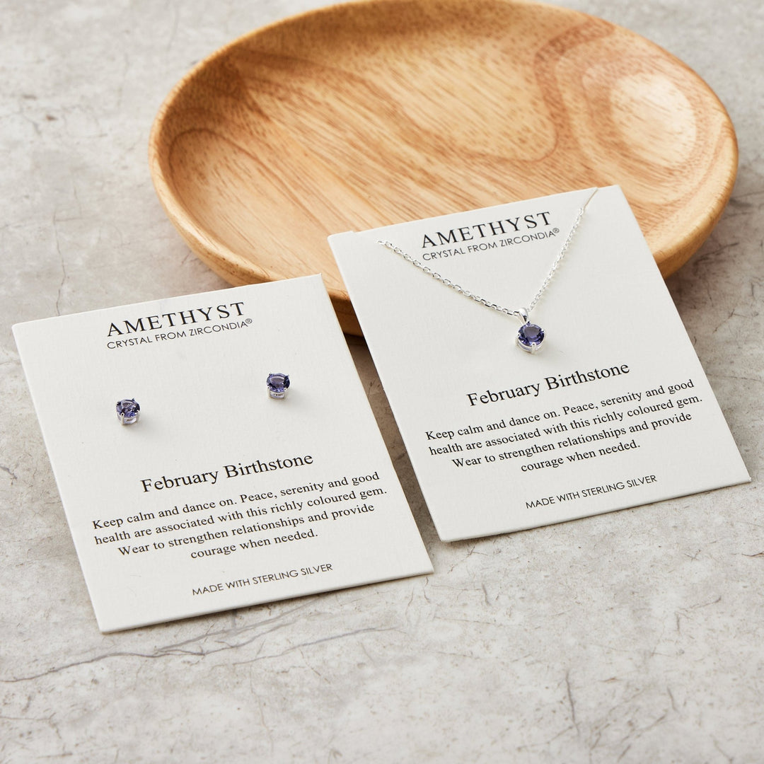 Sterling Silver February (Amethyst) Birthstone Necklace & Earrings Set Created with Zircondia® Crystals - Philip Jones Jewellery