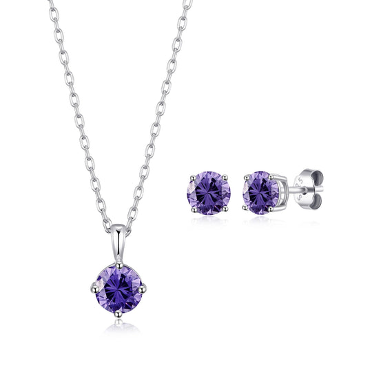 Sterling Silver February (Amethyst) Birthstone Necklace & Earrings Set Created with Zircondia® Crystals - Philip Jones Jewellery