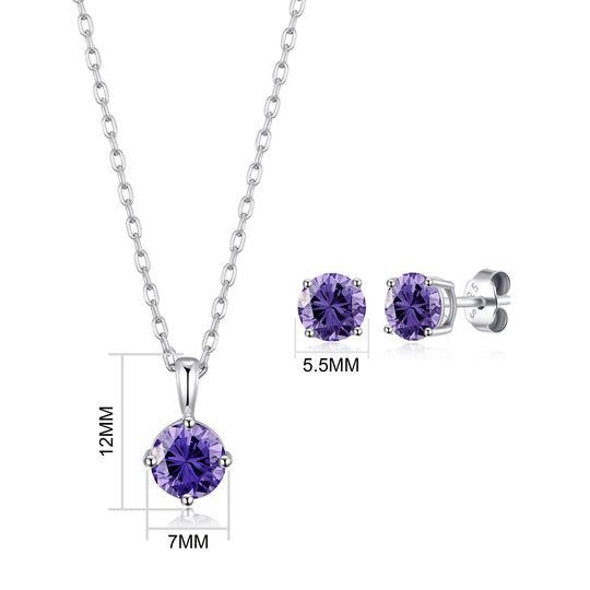 Sterling Silver February (Amethyst) Birthstone Necklace & Earrings Set Created with Zircondia® Crystals - Philip Jones Jewellery