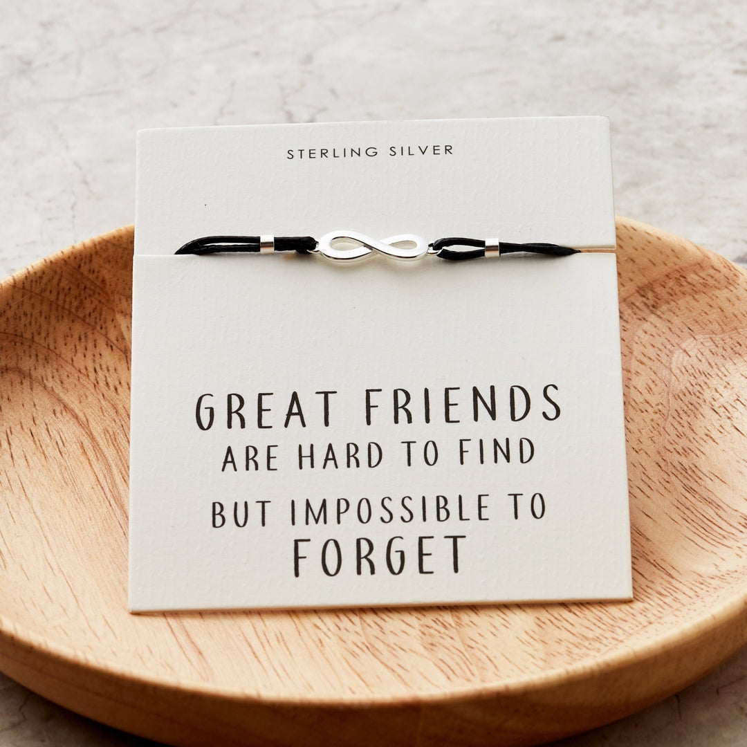 Sterling Silver Friendship Quote Corded Infinity Bracelet - Philip Jones Jewellery