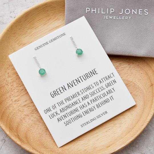 Sterling Silver Green Aventurine Gemstone Drop Earrings with Quote Card - Philip Jones Jewellery