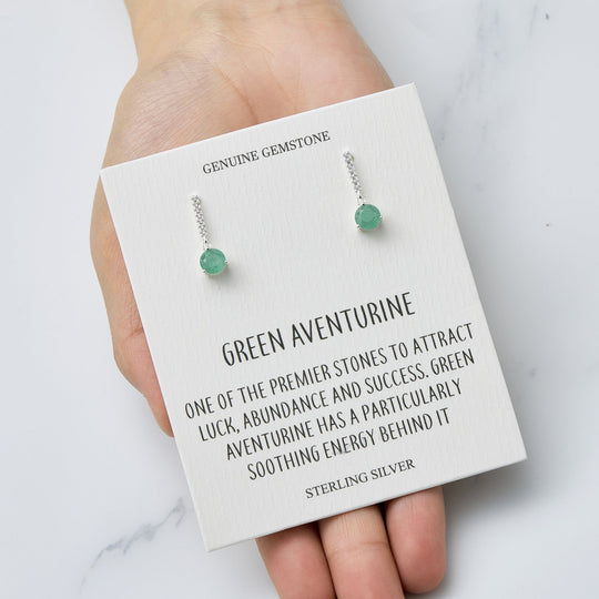 Sterling Silver Green Aventurine Gemstone Drop Earrings with Quote Card - Philip Jones Jewellery