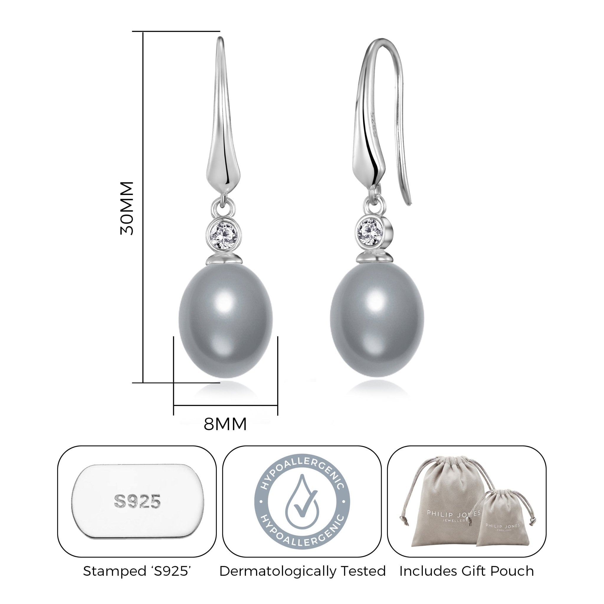 Sterling Silver Grey Pearl Drop Earrings Created with Zircondia® Crystals - Philip Jones Jewellery