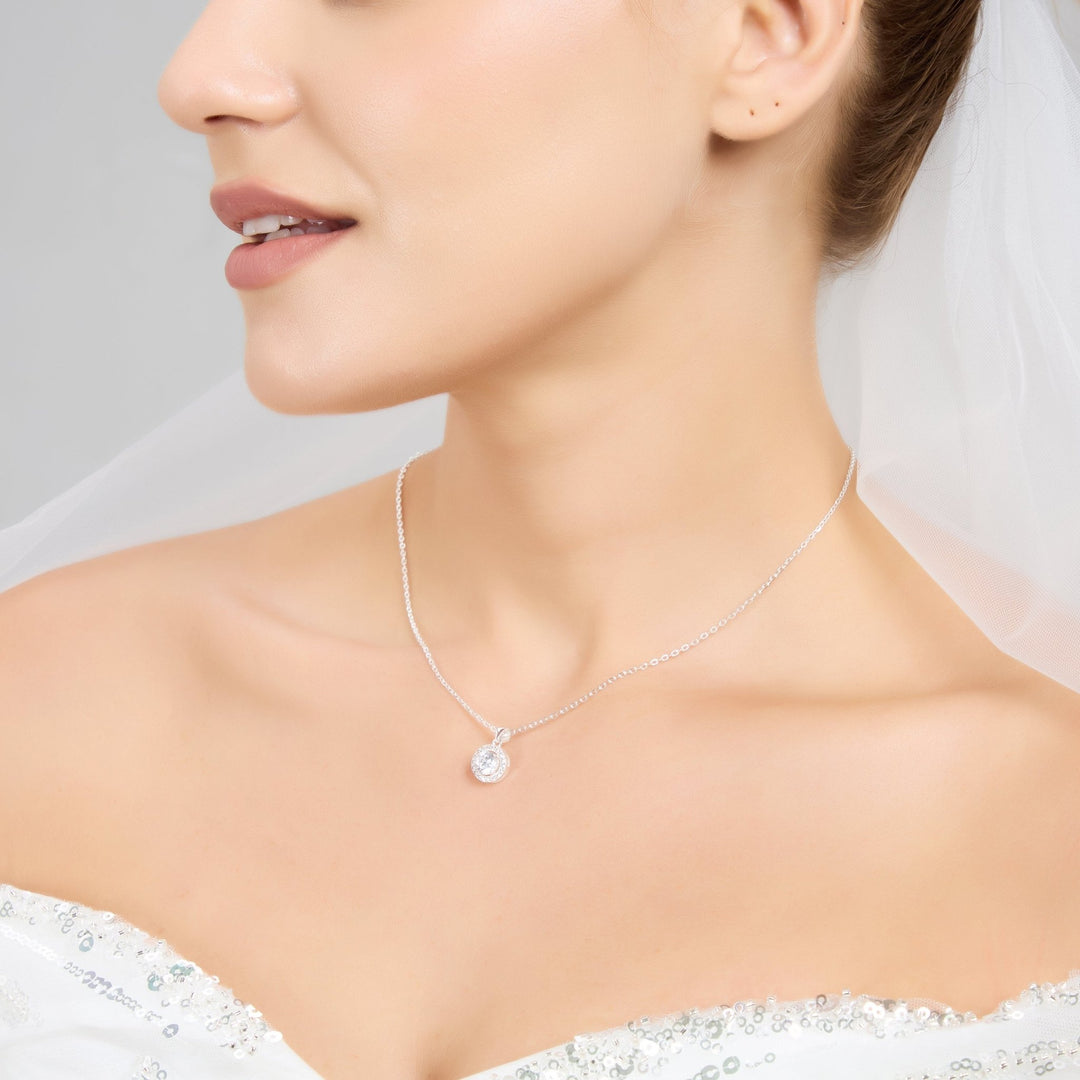 Sterling Silver Halo Bridal Necklace Created with Zircondia® Crystals - Philip Jones Jewellery