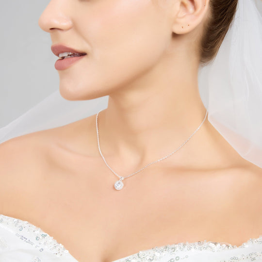 Sterling Silver Halo Bridal Necklace Created with Zircondia® Crystals - Philip Jones Jewellery
