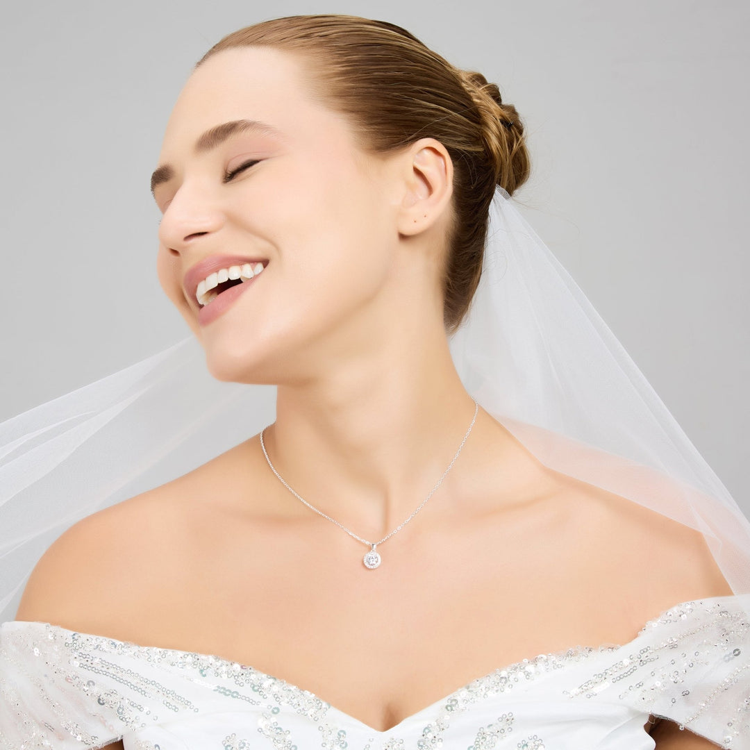 Sterling Silver Halo Bridal Necklace Created with Zircondia® Crystals - Philip Jones Jewellery