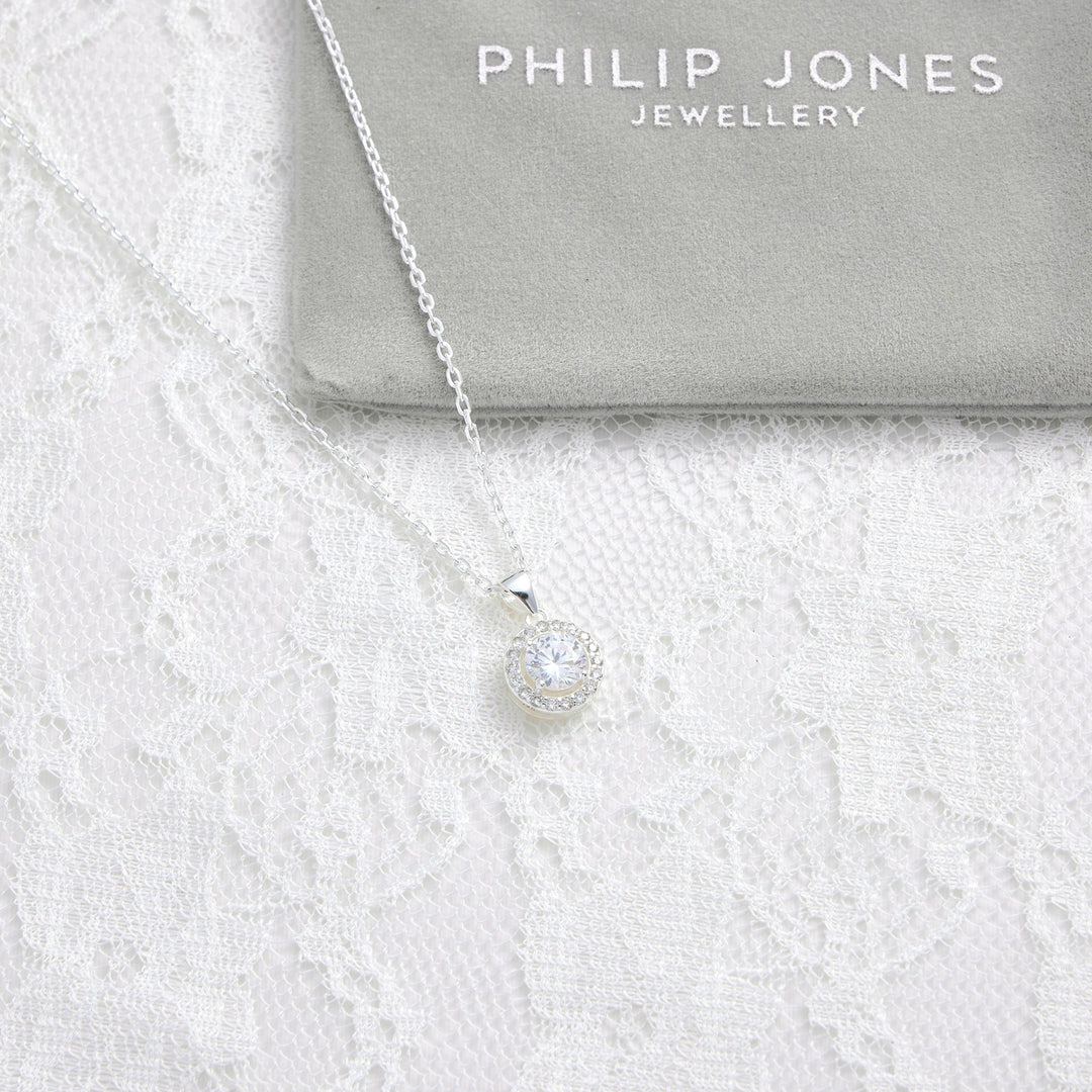 Sterling Silver Halo Bridal Necklace Created with Zircondia® Crystals - Philip Jones Jewellery