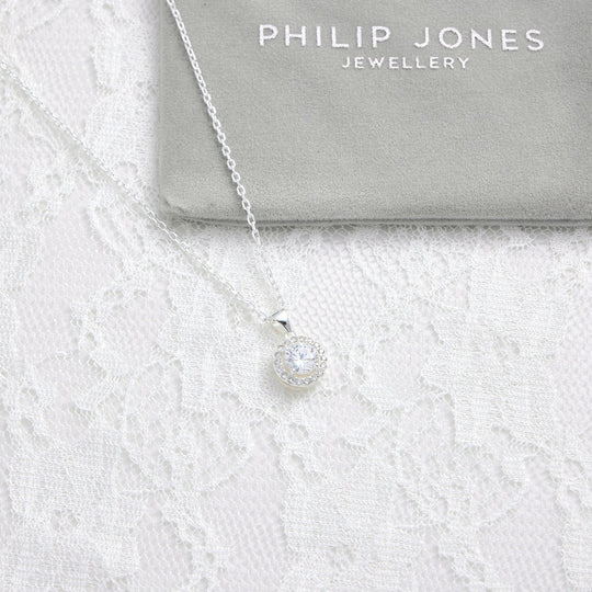 Sterling Silver Halo Bridal Necklace Created with Zircondia® Crystals - Philip Jones Jewellery