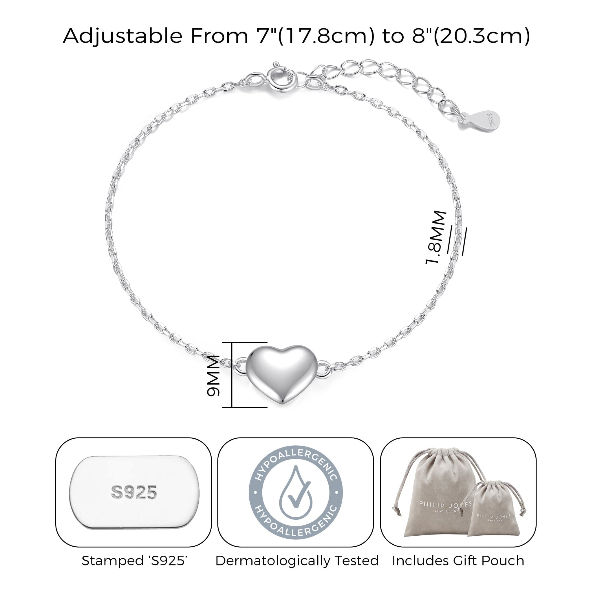 Sterling Silver Heart Bracelet - Philip Jones Jewellery