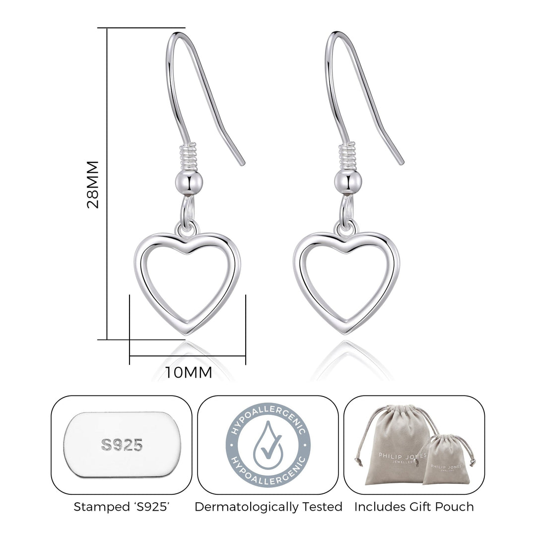 Sterling Silver Heart Drop Earrings - Philip Jones Jewellery
