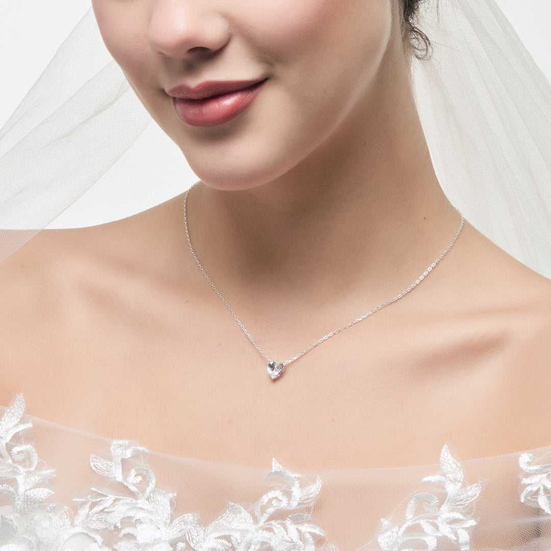 Sterling Silver Heart Solitaire Bridal Necklace Created with Zircondia® Crystals - Philip Jones Jewellery