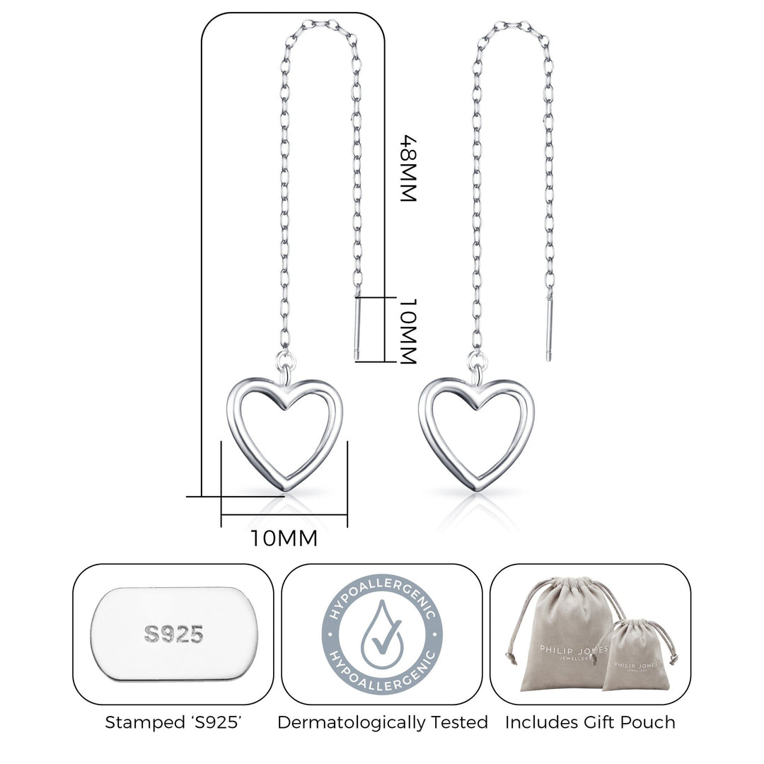Sterling Silver Heart Thread Earrings - Philip Jones Jewellery
