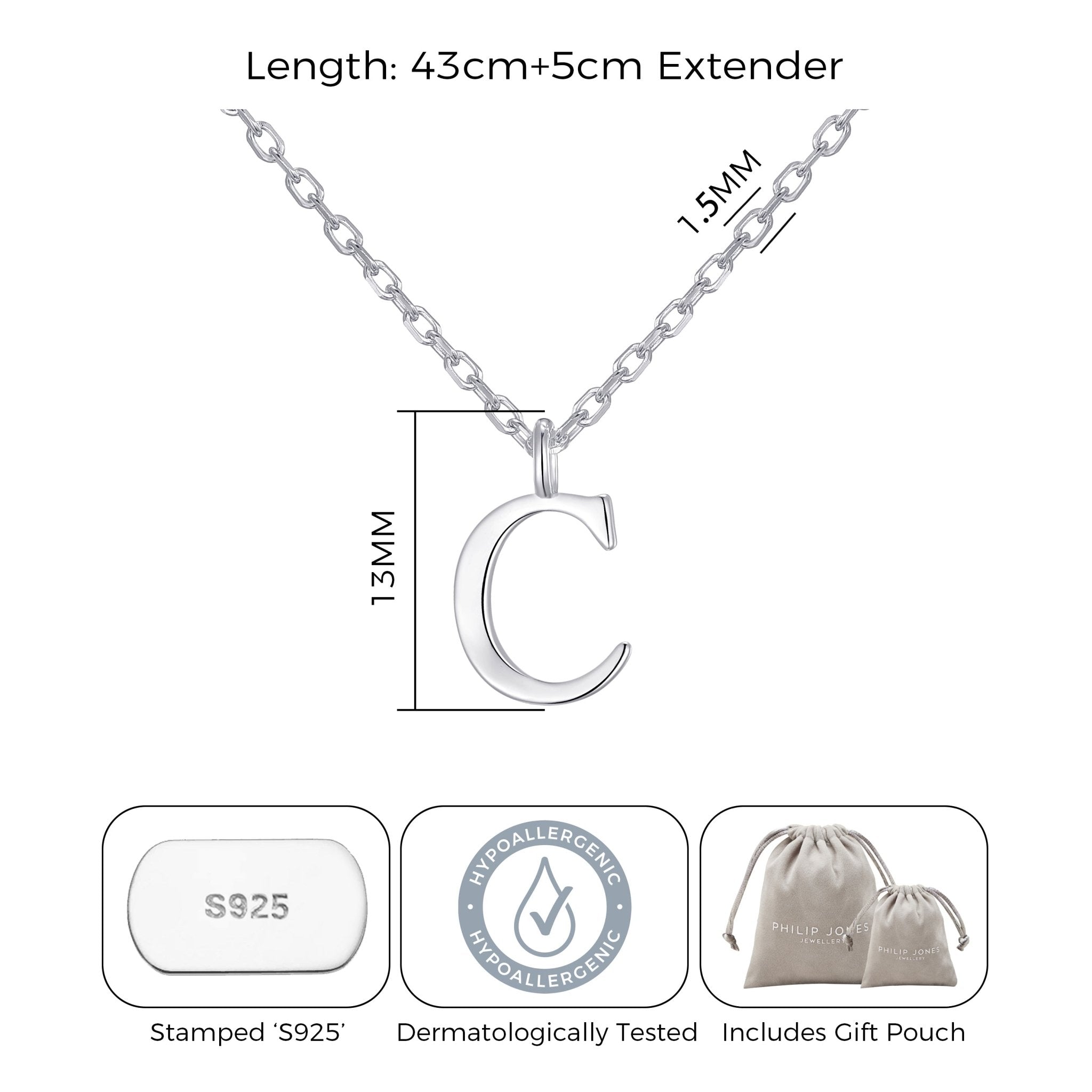 Sterling Silver Initial C Necklace - Philip Jones Jewellery