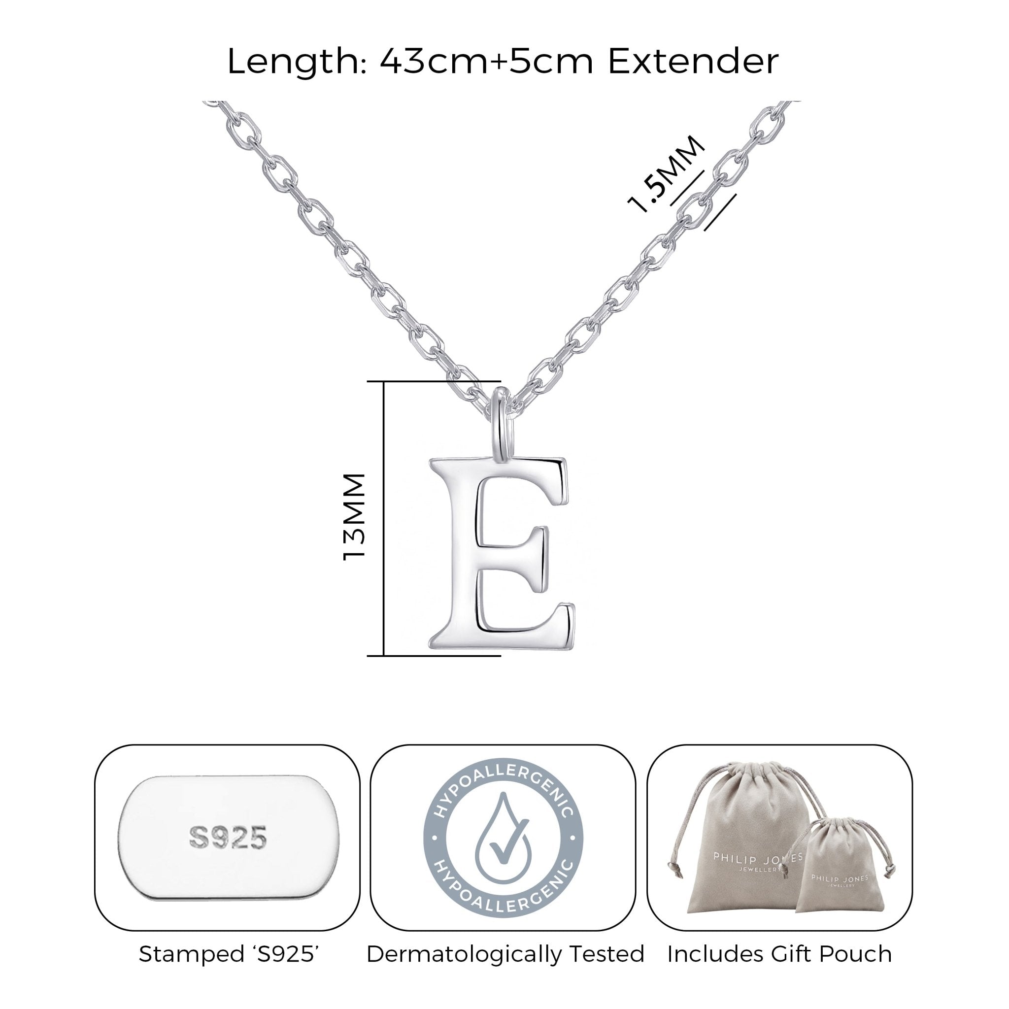 Sterling Silver Initial E Necklace - Philip Jones Jewellery