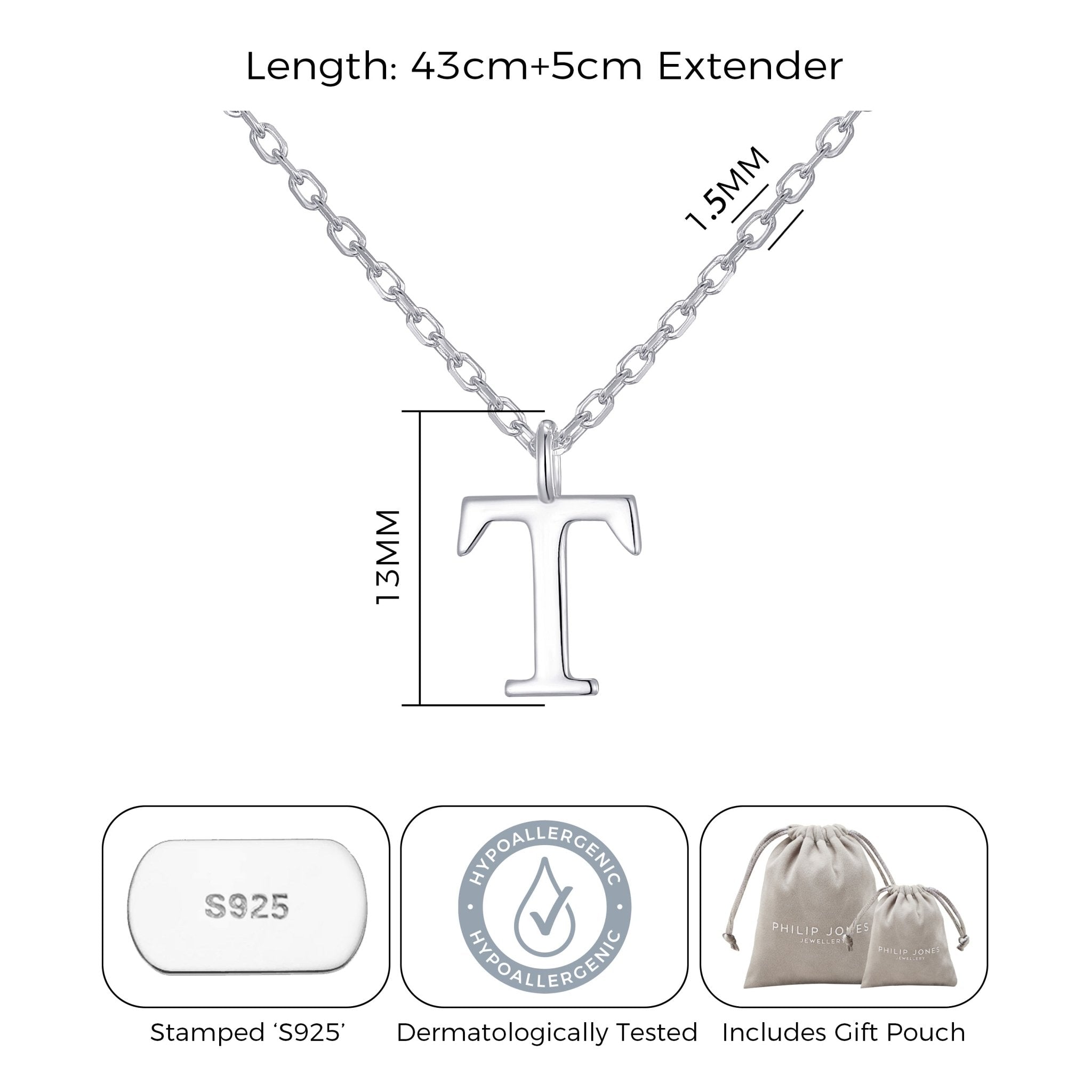 Sterling Silver Initial T Necklace - Philip Jones Jewellery