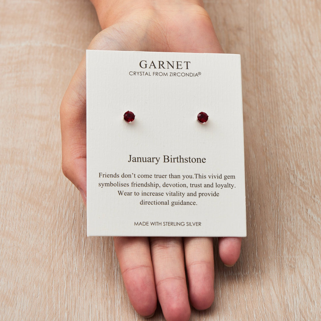 Sterling Silver January (Garnet) Birthstone Earrings Created with Zircondia® Crystals - Philip Jones Jewellery