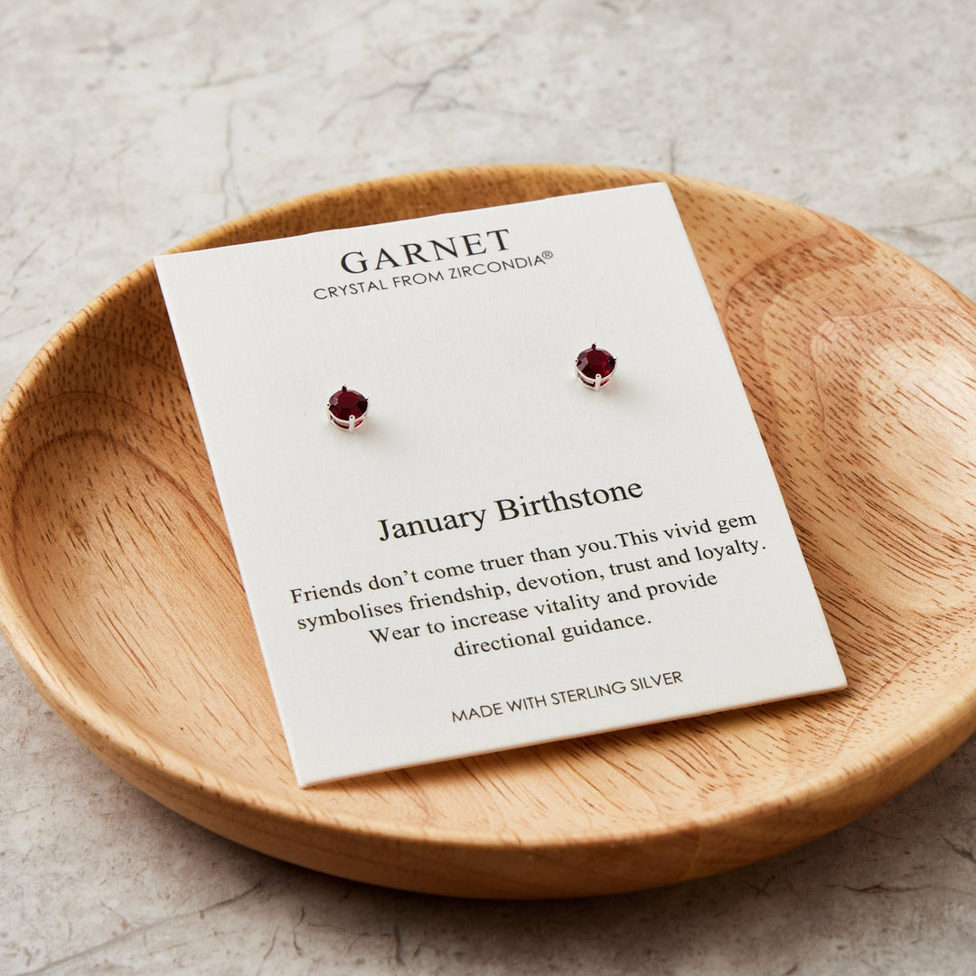 Sterling Silver January (Garnet) Birthstone Earrings Created with Zircondia® Crystals - Philip Jones Jewellery