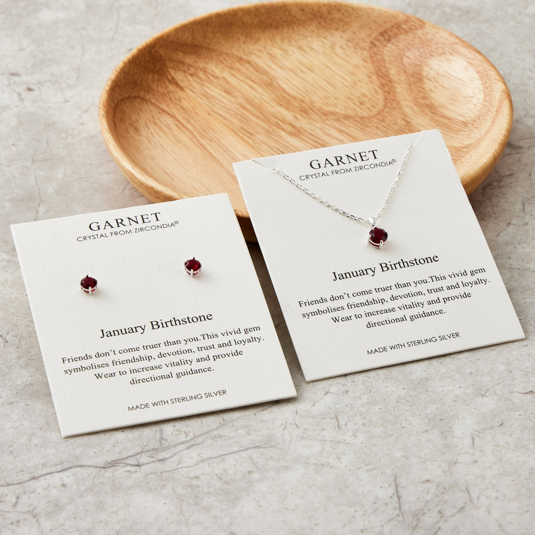 Sterling Silver January (Garnet) Birthstone Necklace & Earrings Set Created with Zircondia® Crystals - Philip Jones Jewellery