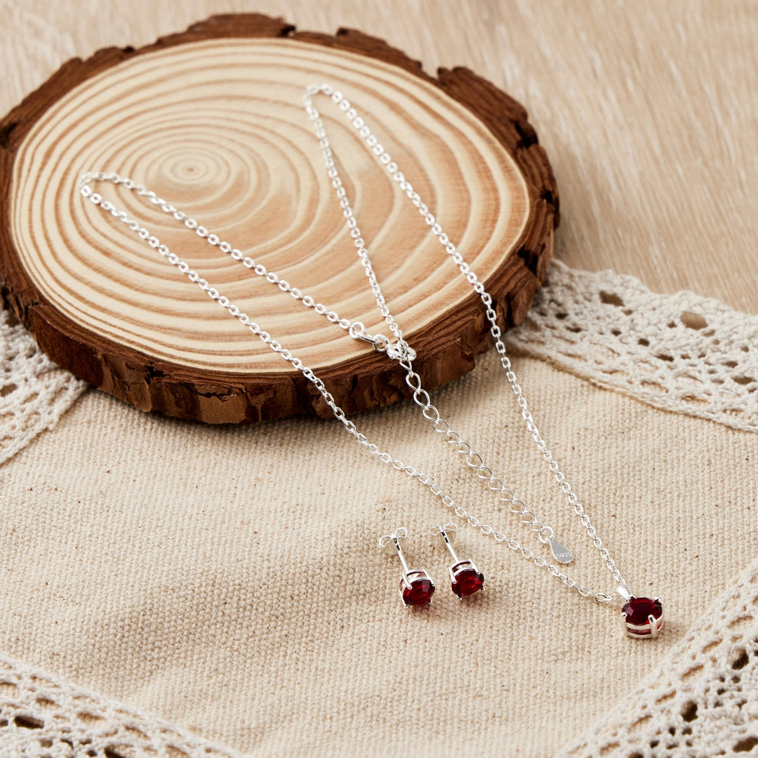 Sterling Silver January (Garnet) Birthstone Necklace & Earrings Set Created with Zircondia® Crystals - Philip Jones Jewellery